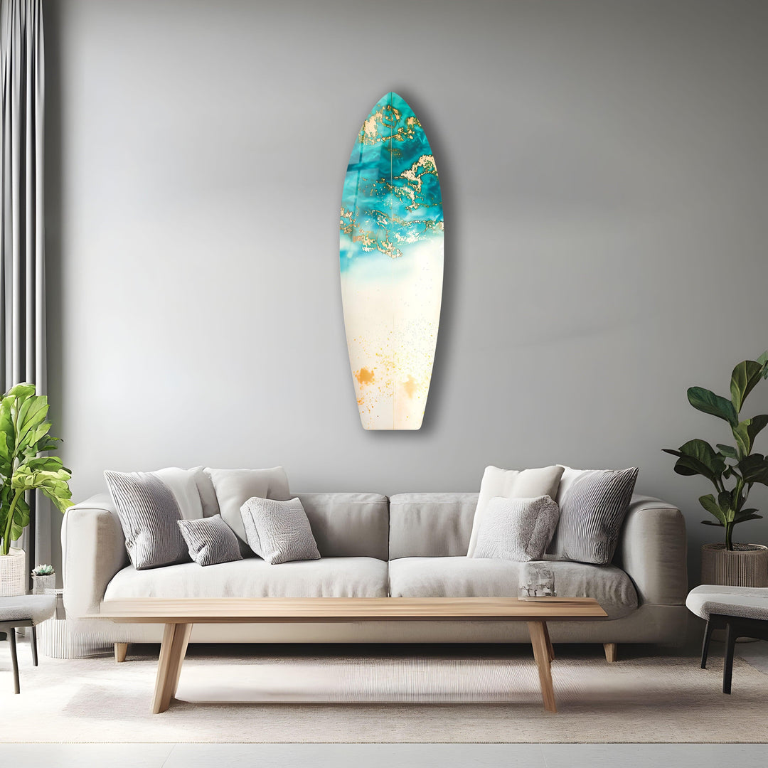 Blue Abstract Golden Details Surfboard Wall Art