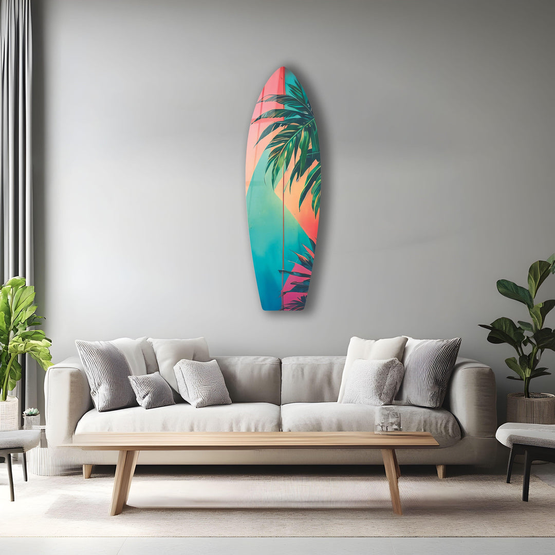 Pink Blue Palm Leaf Surfboard Wall Art