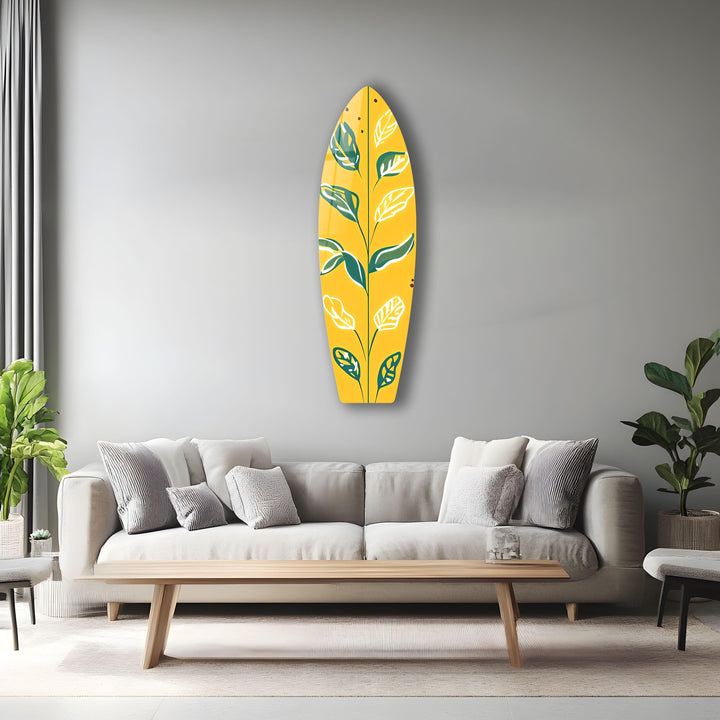 Yellow Green Leafs Surfboard Wall Art