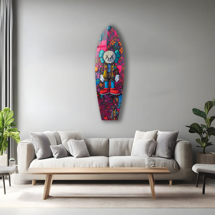 Kaws-Inspired Surfboard Wall Art – Colorful Graffiti & Figurine Design