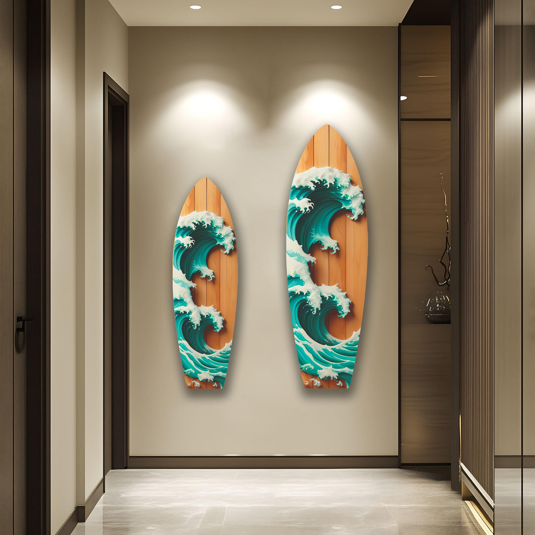 Wooden Details Ocean Wave Surfboard Wall Art