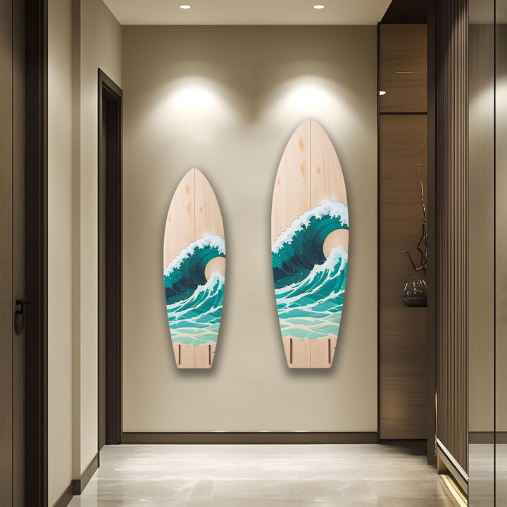 Beige & Ocean Waves Surfboard Wall Art