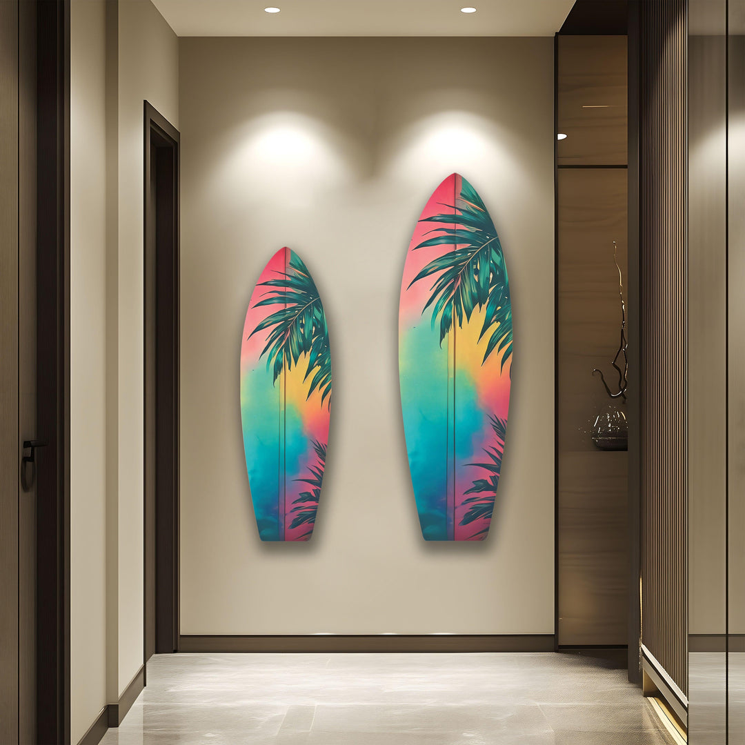 Blue Pink Palm Tree Surfboard Wall Art