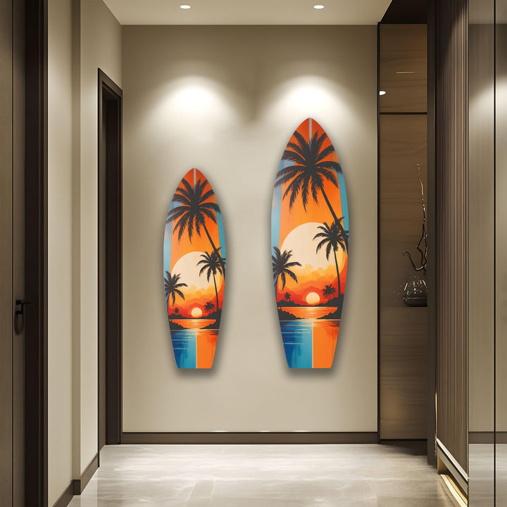 Tropic Palm Trees Sunset Surfboard Wall Art