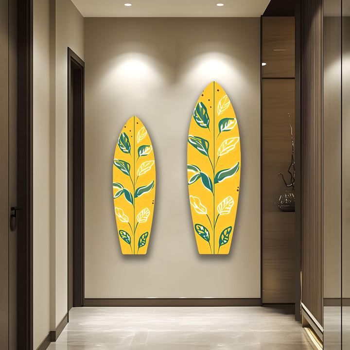 Yellow Green Leafs Surfboard Wall Art