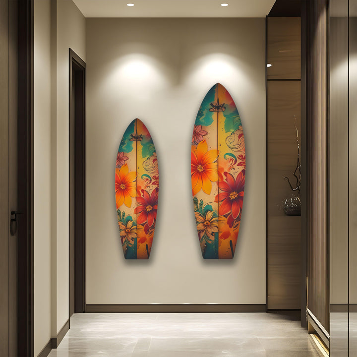 Red & Blue Flowers Surfboard Wall Art