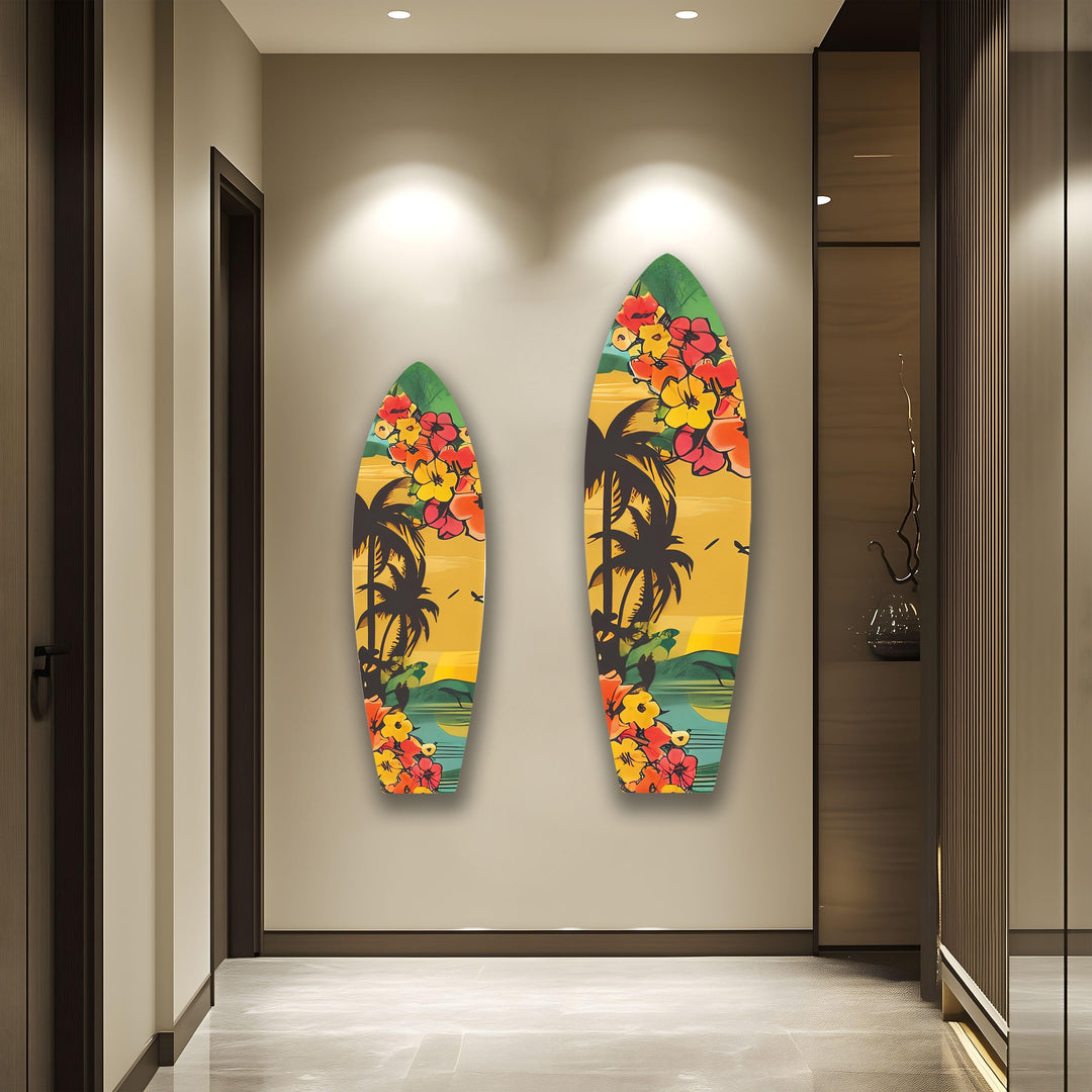 Colored Flowers & Palm Trees Surfboard Wall Art