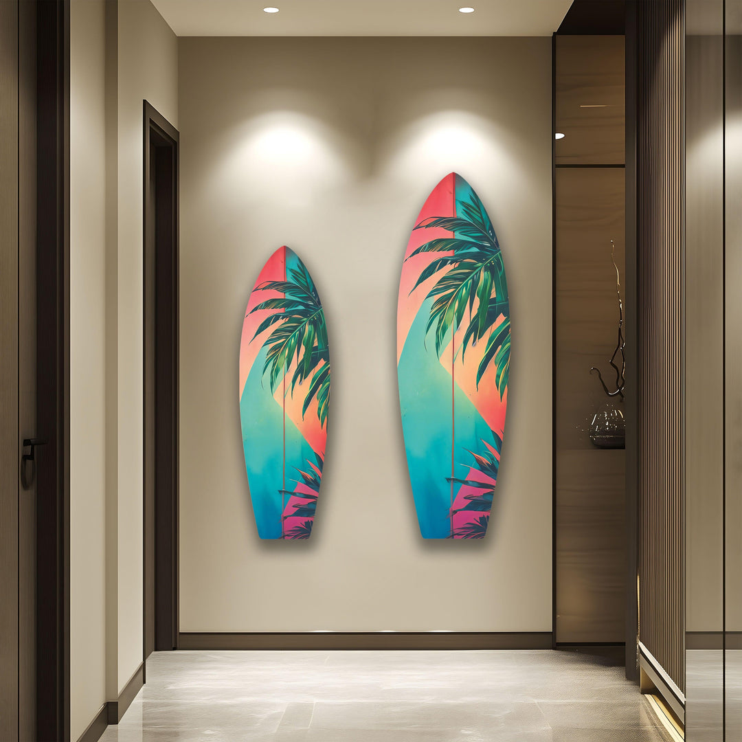 Pink Blue Palm Leaf Surfboard Wall Art