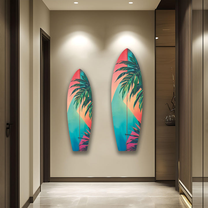 Pink Blue Palm Leaf Surfboard Wall Art