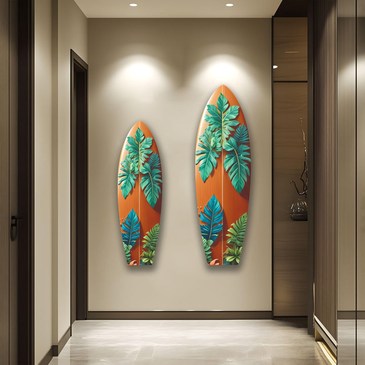 Blue & Green Leafs Surfboard Wall Art