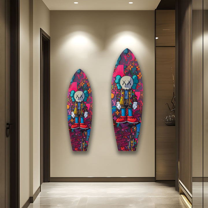 Kaws-Inspired Surfboard Wall Art – Colorful Graffiti & Figurine Design