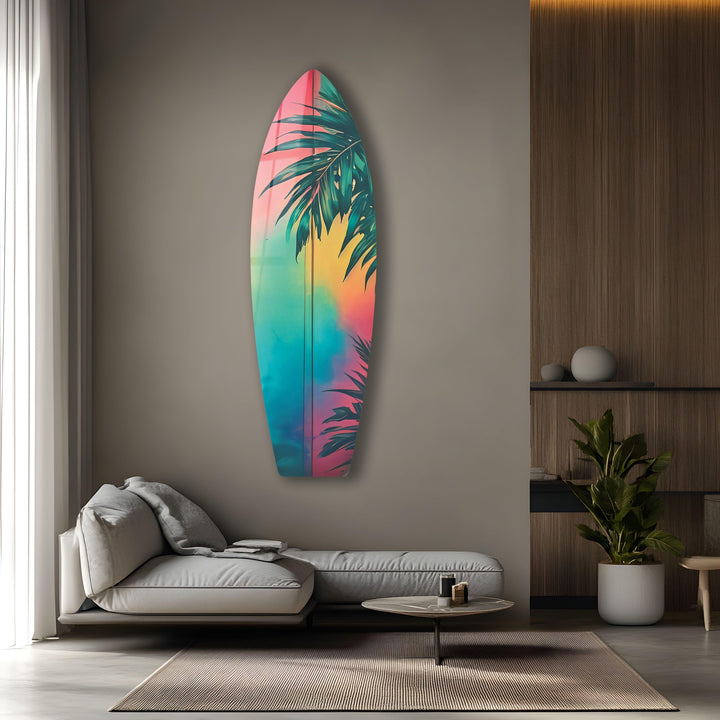 Blue Pink Palm Tree Surfboard Wall Art