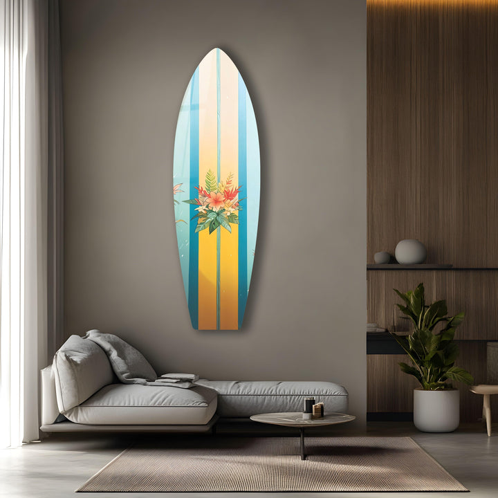 Blue Brown Flower Design Surfboard Wall Art