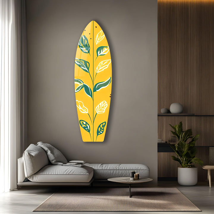 Yellow Green Leafs Surfboard Wall Art