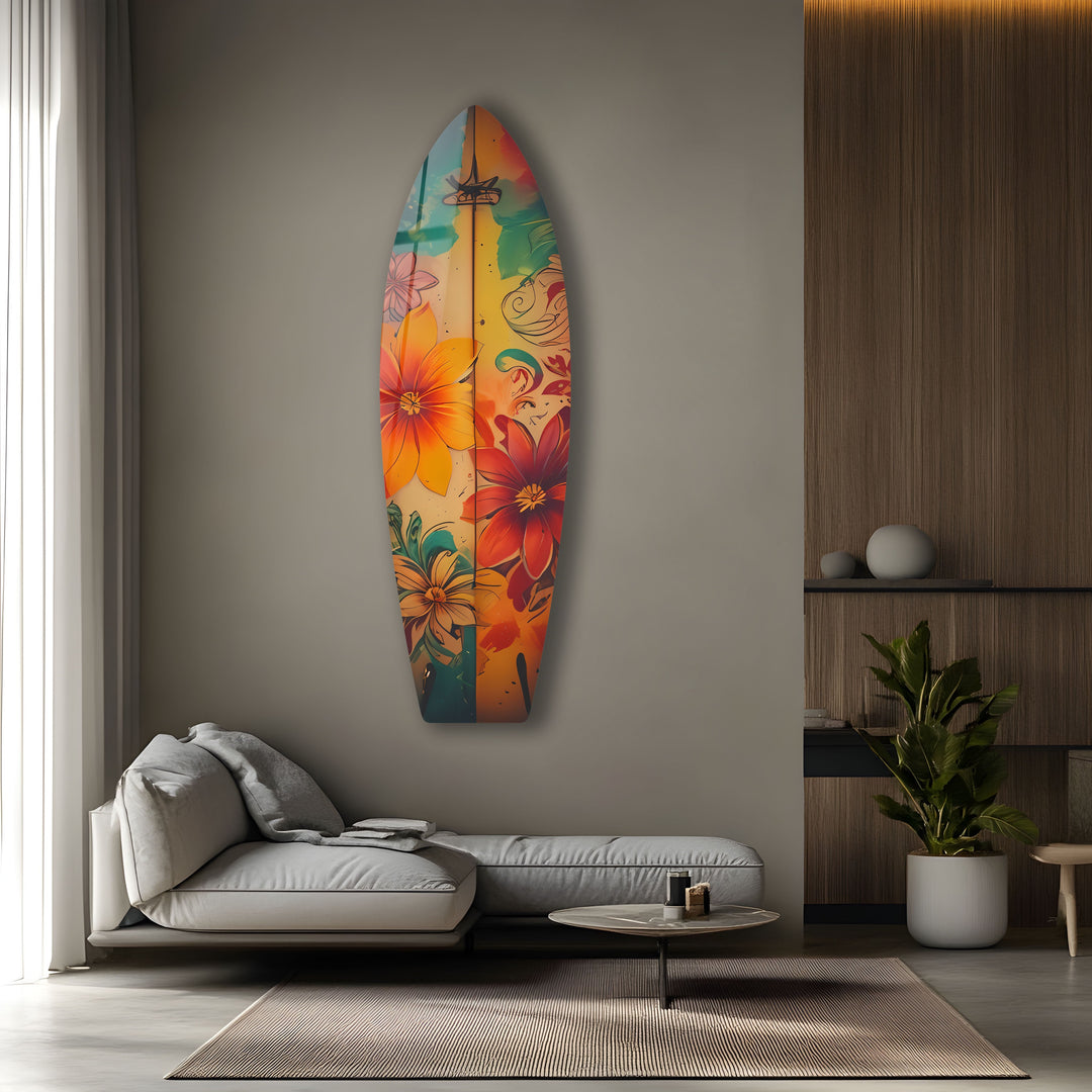 Red & Blue Flowers Surfboard Wall Art