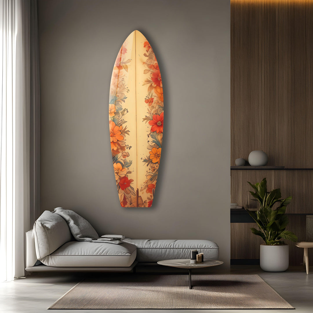 Beige Flowers Surfboard Wall Art