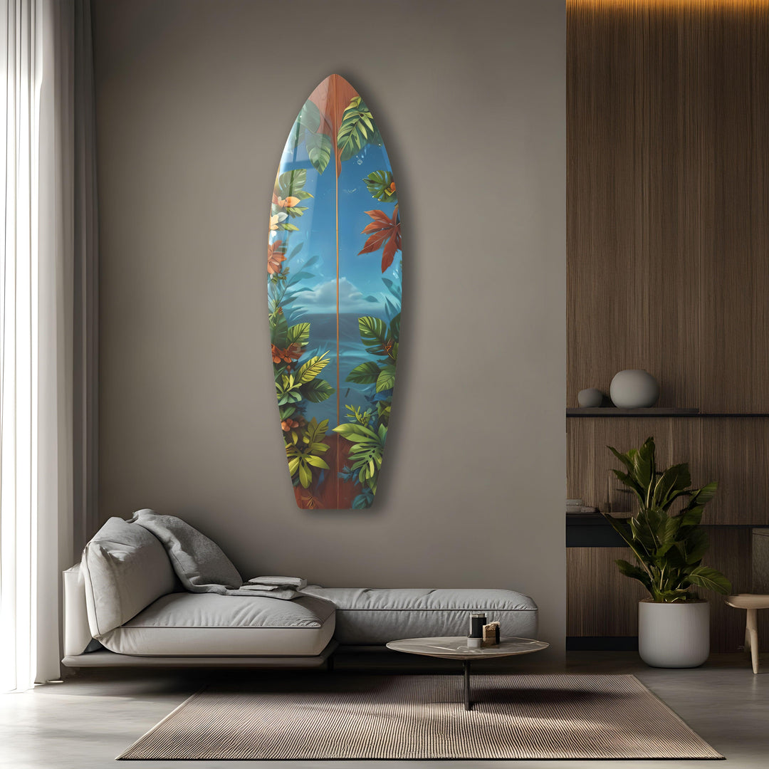 Blue Sea & Leafs Surfboard Wall Art