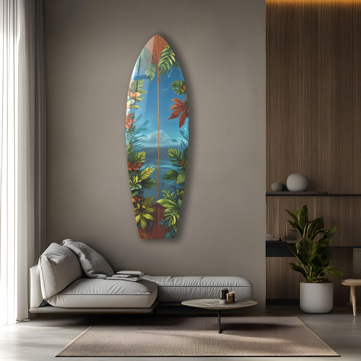 Blue Sea & Leafs Surfboard Wall Art