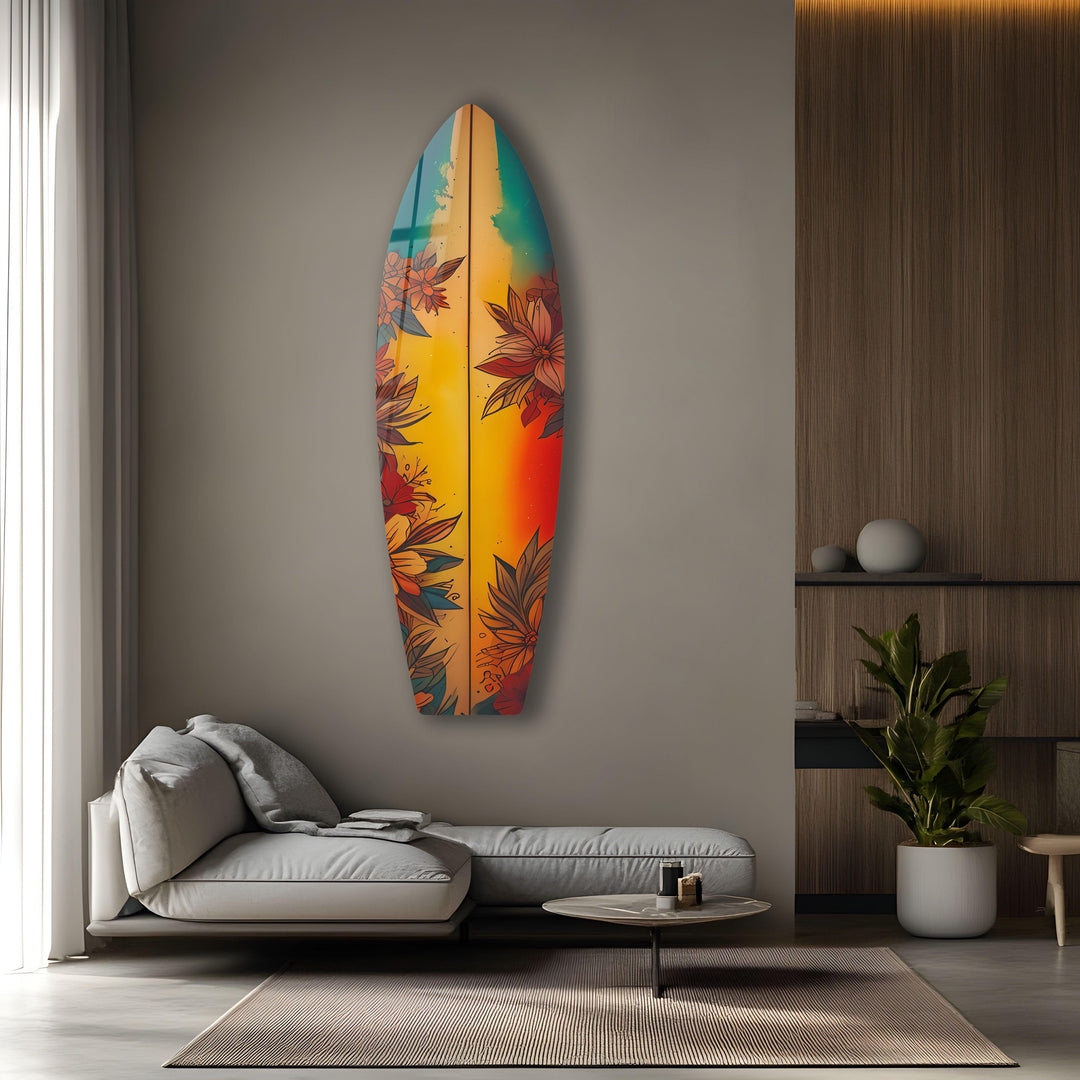 Orange Vintage Flowers Surfboard Wall Art