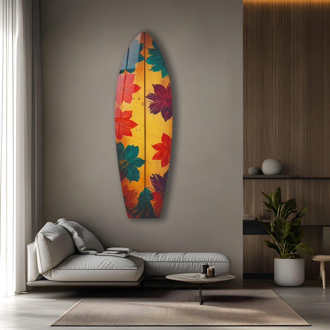 Blue Red Vintage Flower Surfboard Wall Art