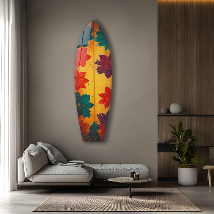 Blue Red Vintage Flower Surfboard Wall Art