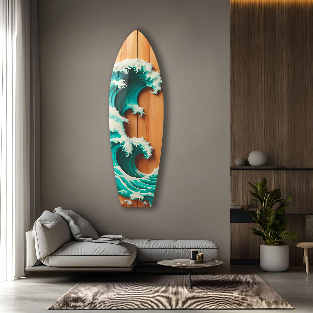 Wooden Details Ocean Wave Surfboard Wall Art