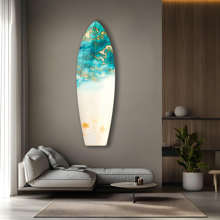 Blue Abstract Golden Details Surfboard Wall Art