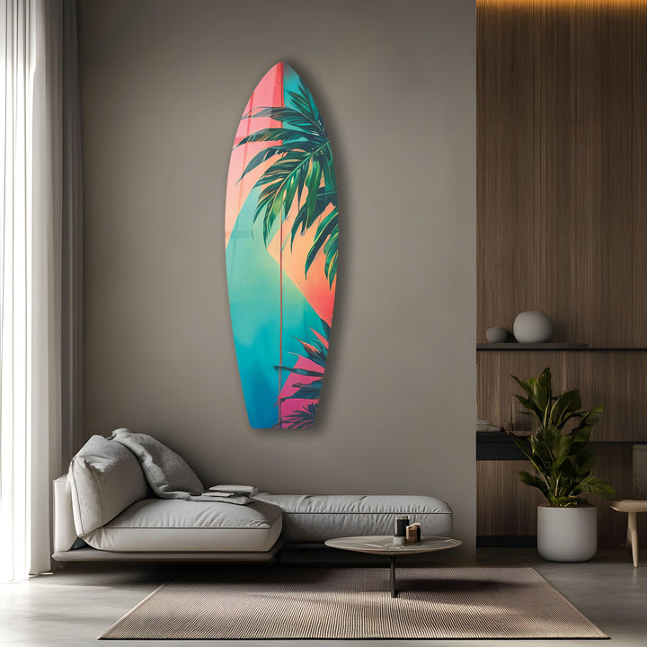 Pink Blue Palm Leaf Surfboard Wall Art