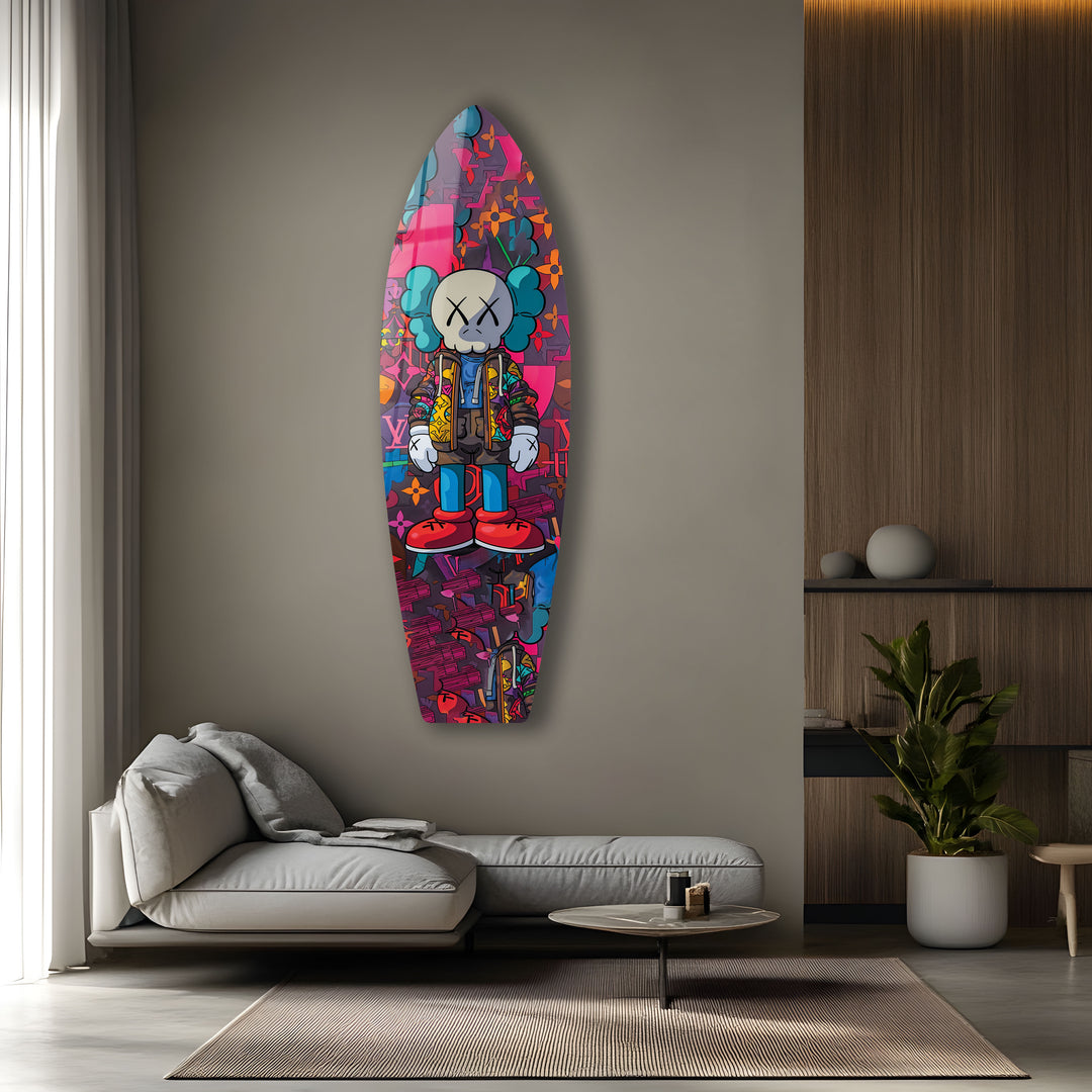 Kaws-Inspired Surfboard Wall Art – Colorful Graffiti & Figurine Design