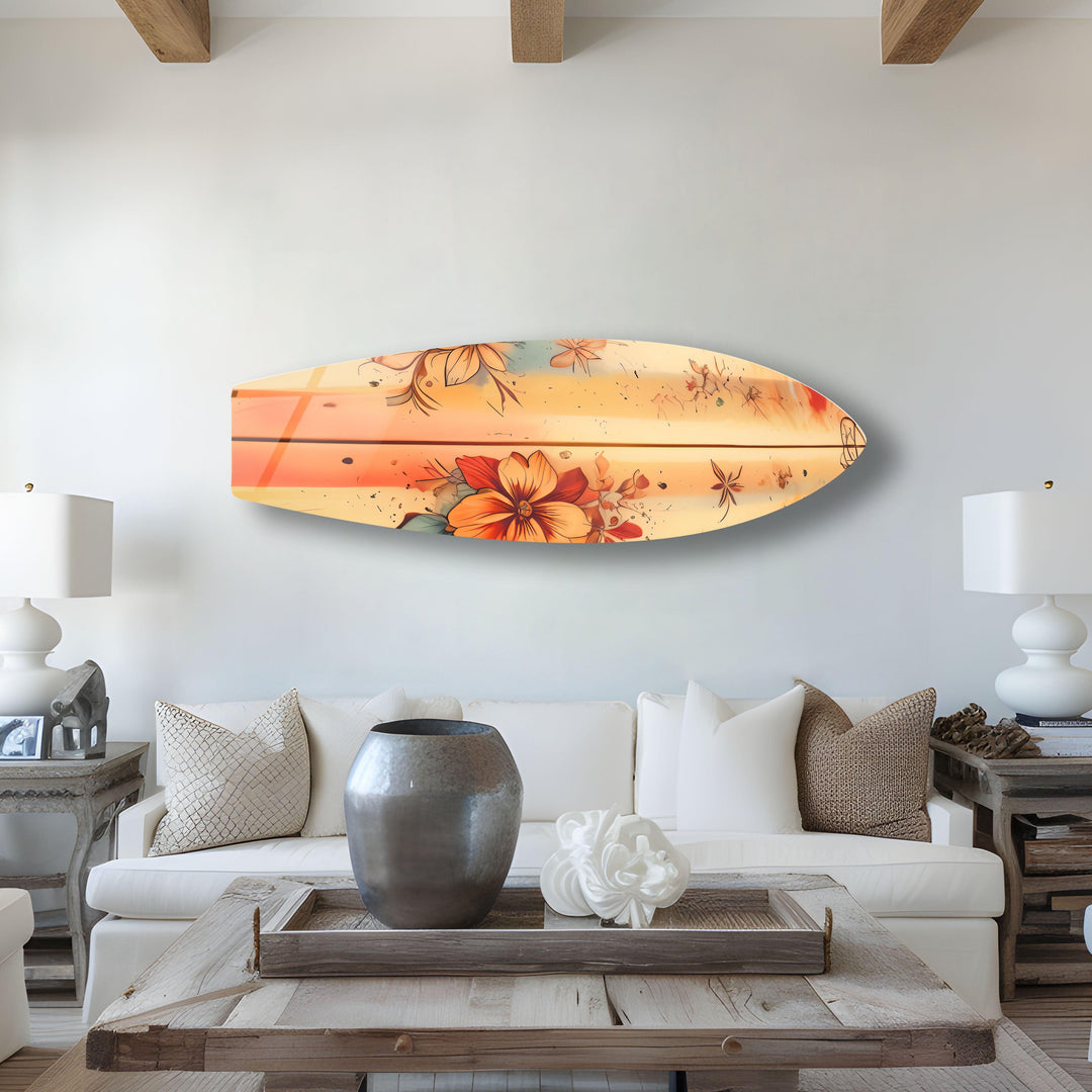 Beige Flowers Art Surfboard Wall Art