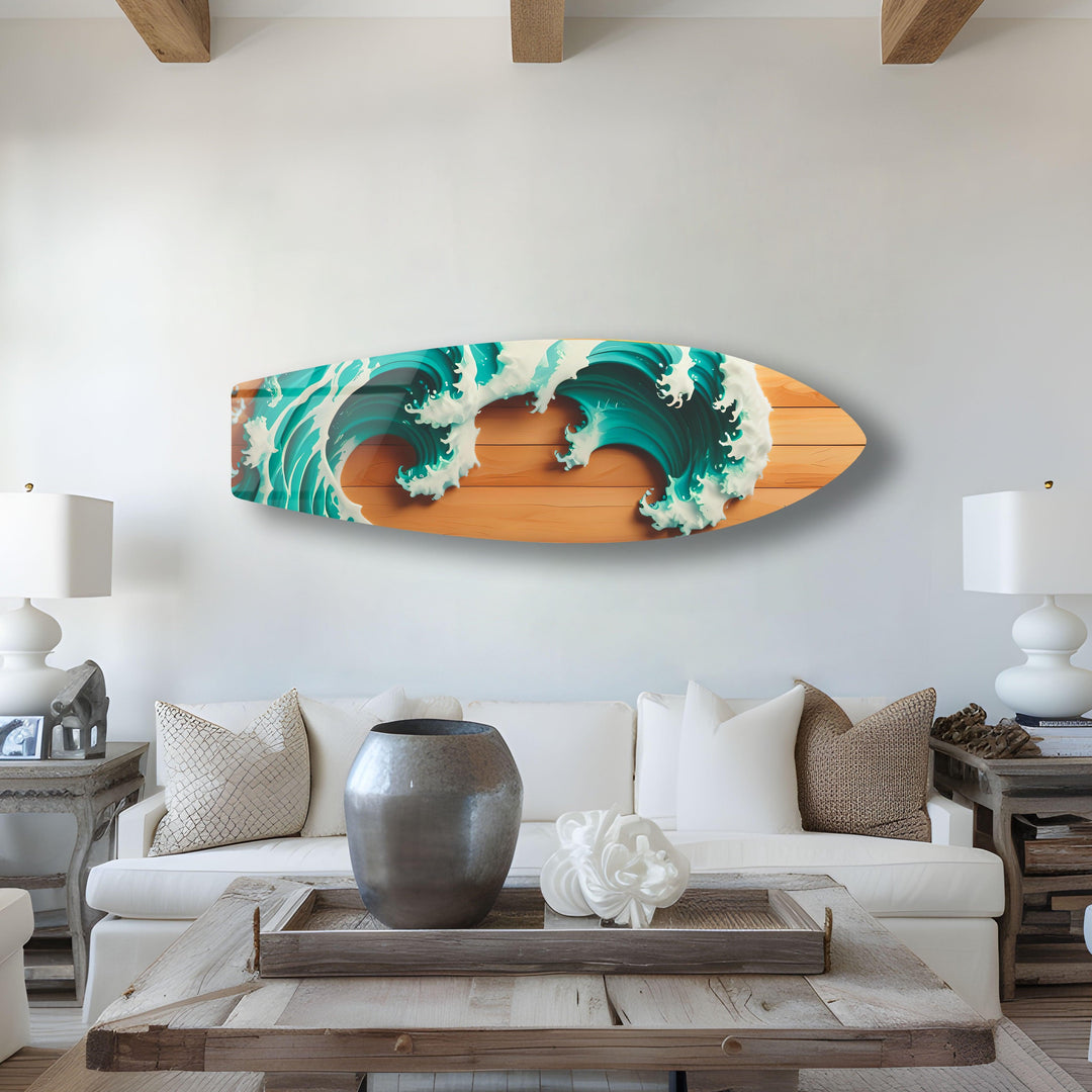 Wooden Details Ocean Wave Surfboard Wall Art