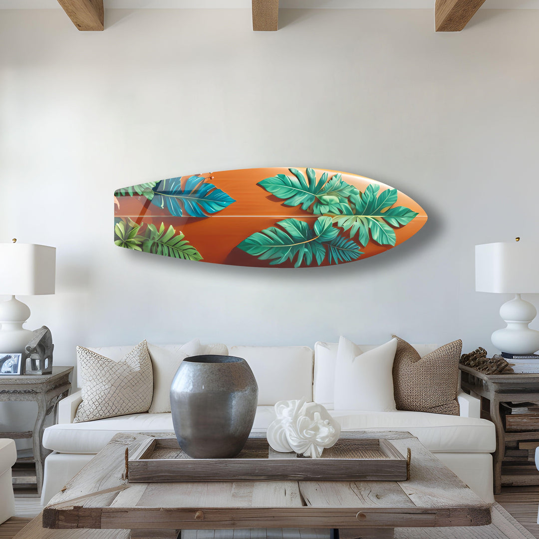 Blue & Green Leafs Surfboard Wall Art