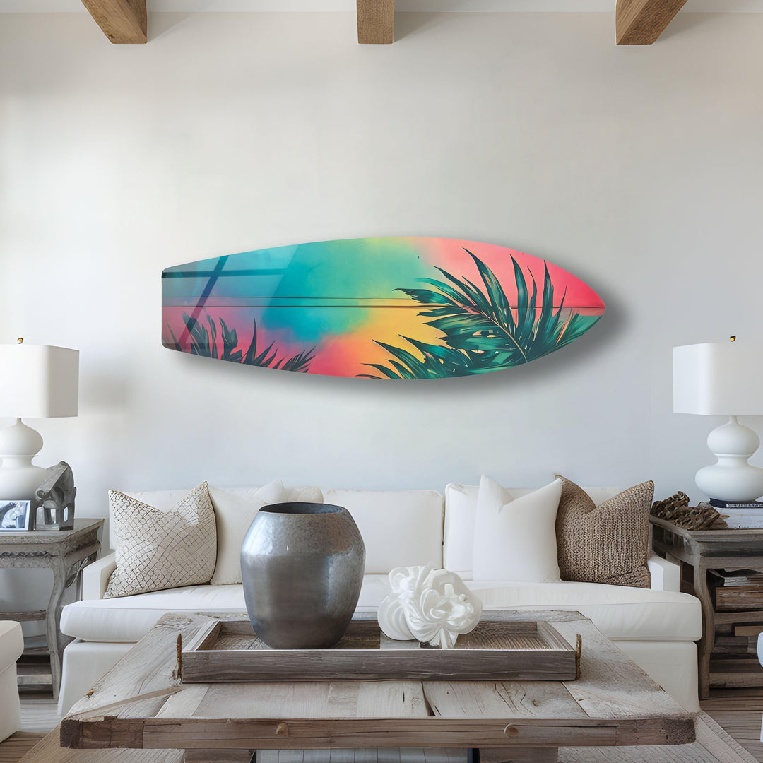 Blue Pink Palm Tree Surfboard Wall Art