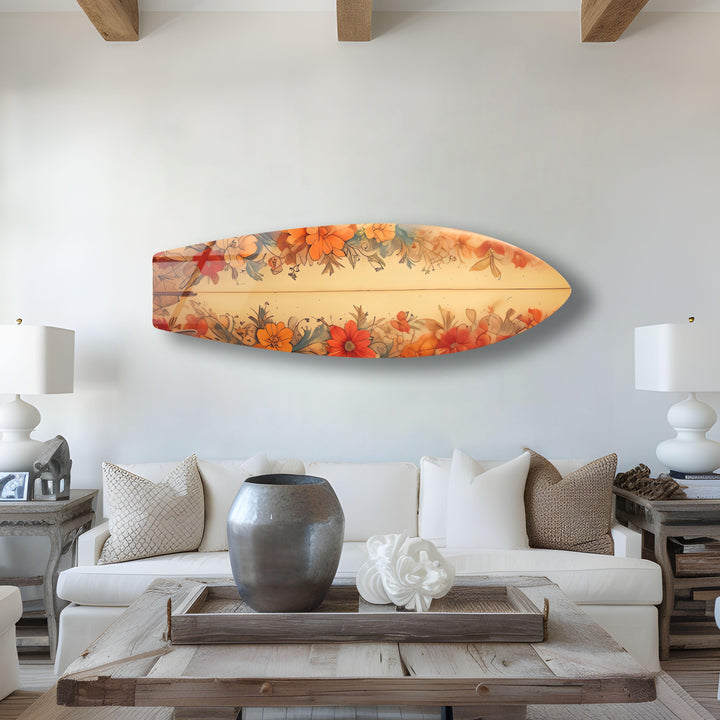 Beige Flowers Surfboard Wall Art