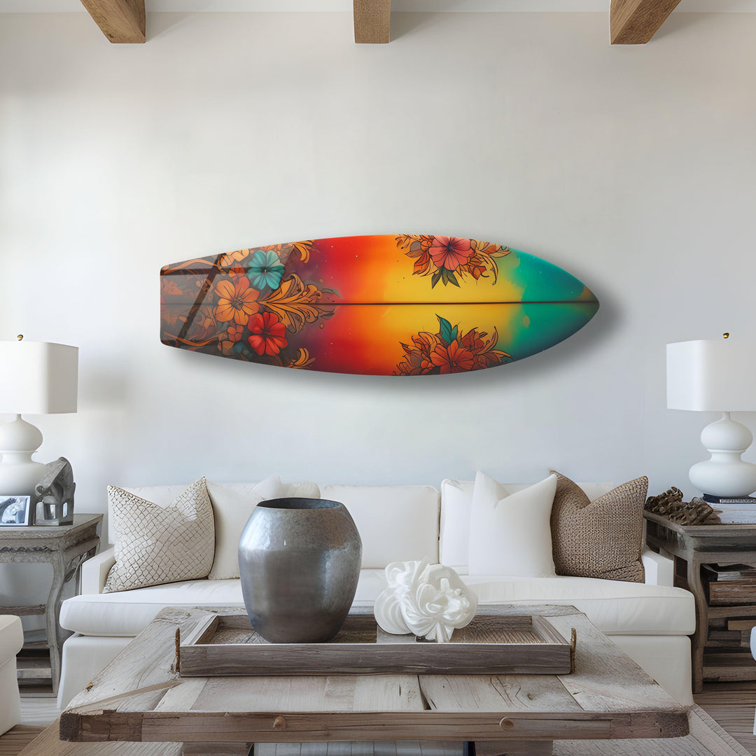 Red Vintage Botanical Surfboard Wall Art