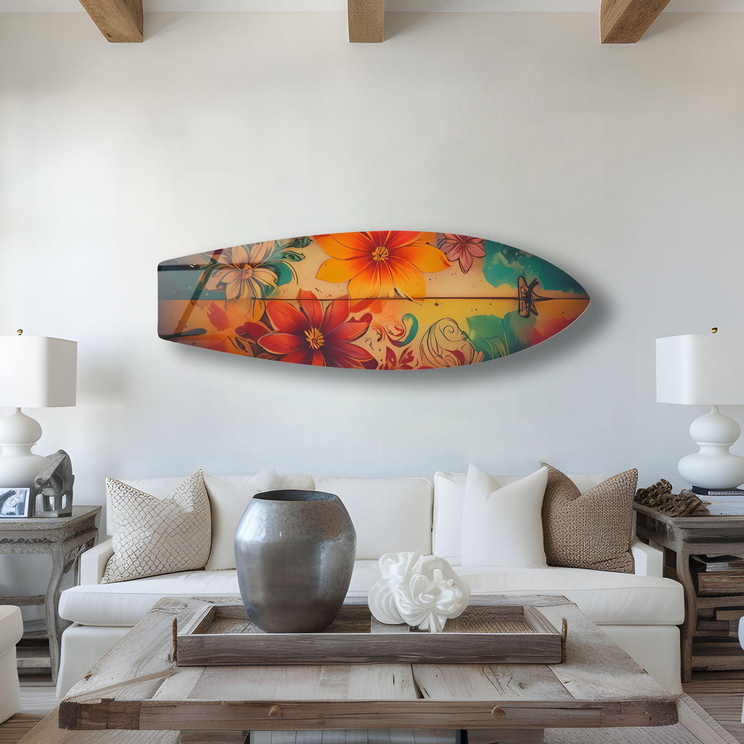 Red & Blue Flowers Surfboard Wall Art