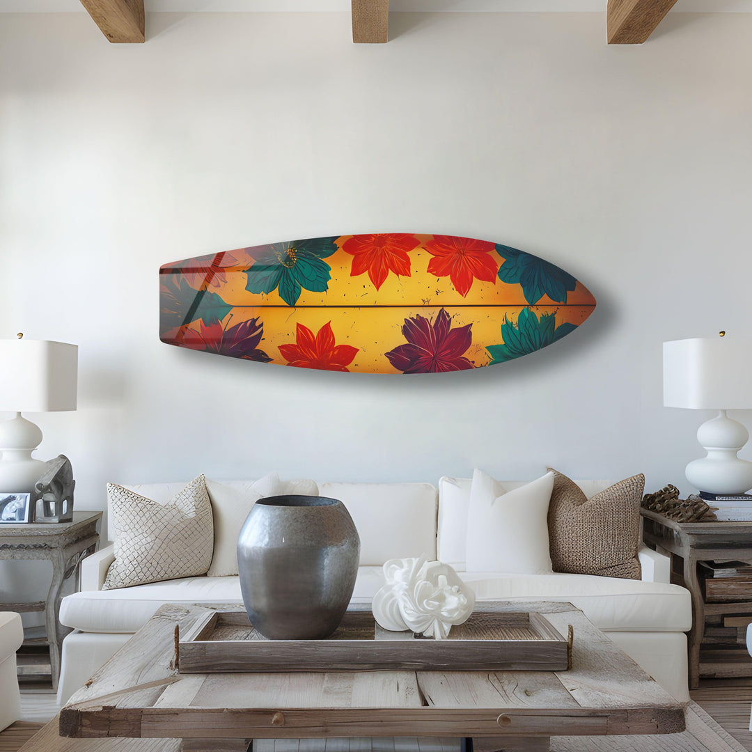 Blue Red Vintage Flower Surfboard Wall Art