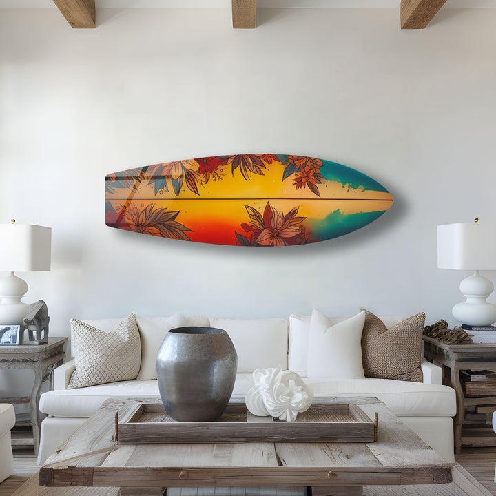 Orange Vintage Flowers Surfboard Wall Art