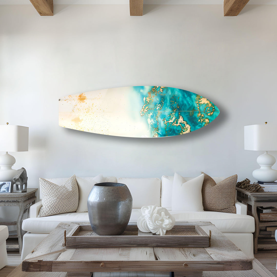 Blue Abstract Golden Details Surfboard Wall Art