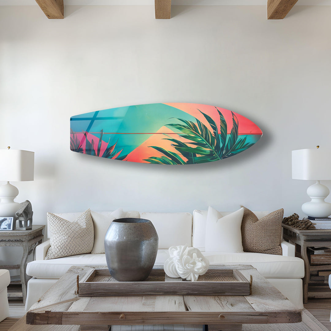 Pink Blue Palm Leaf Surfboard Wall Art