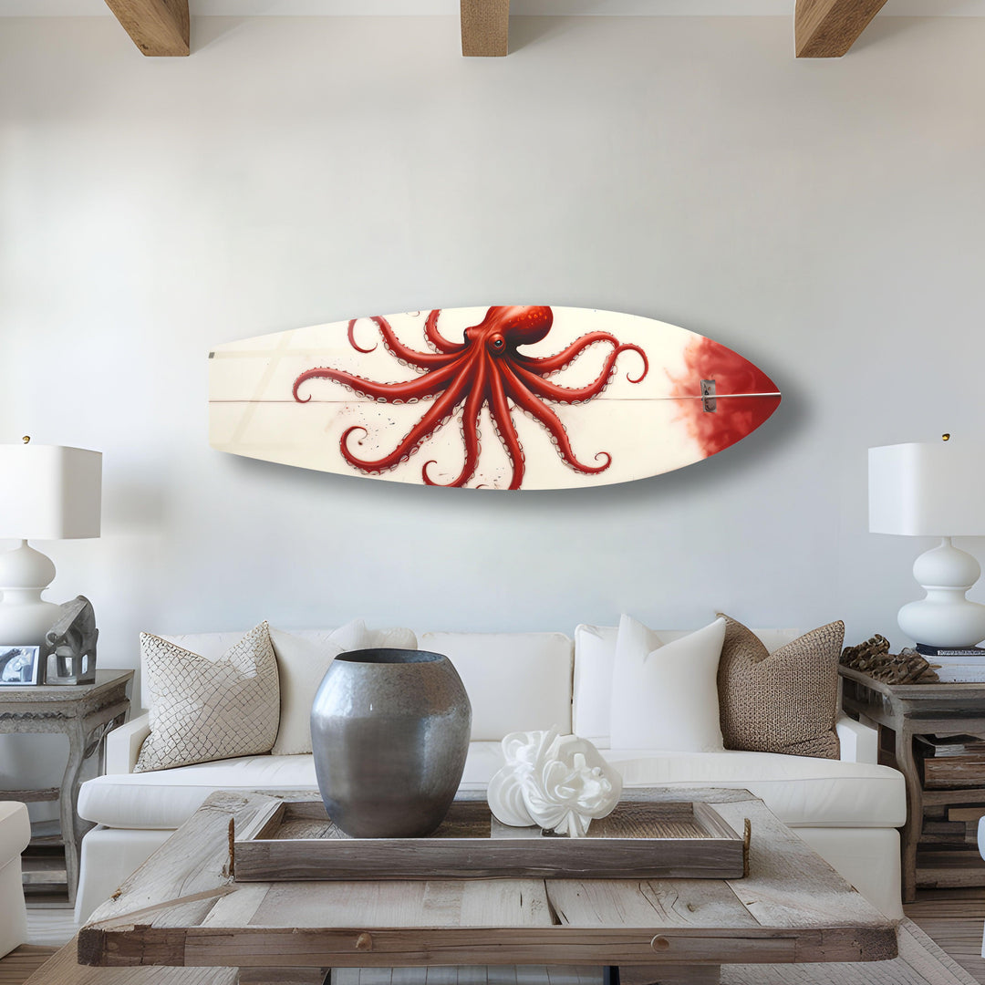 Red Octopus Surfboard Wall Art