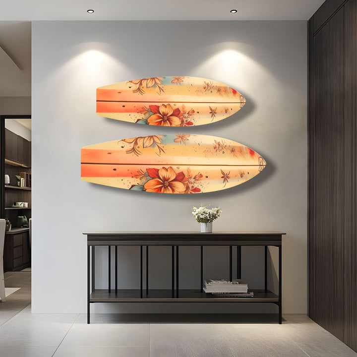 Beige Flowers Art Surfboard Wall Art