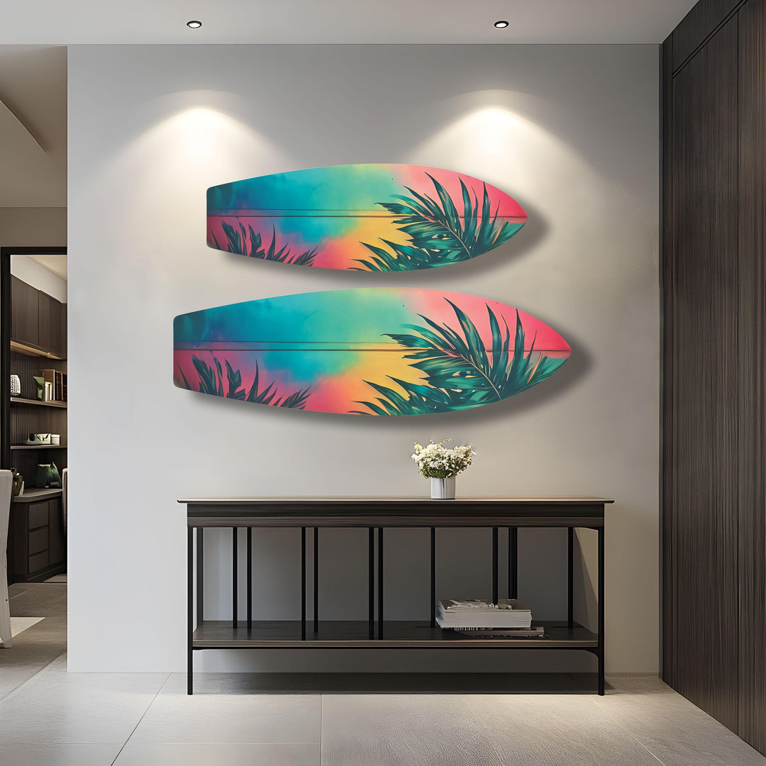 Blue Pink Palm Tree Surfboard Wall Art