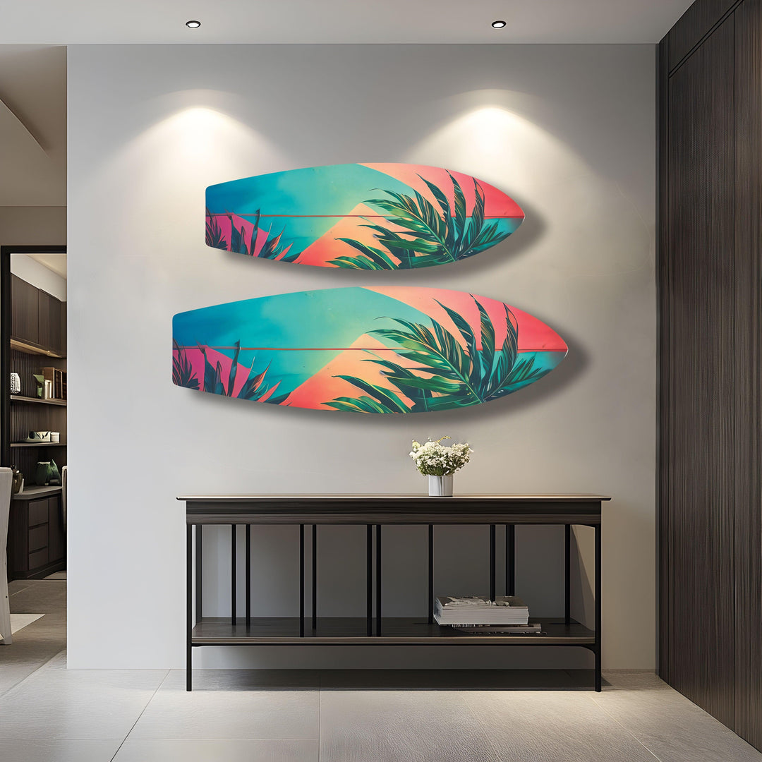 Pink Blue Palm Leaf Surfboard Wall Art