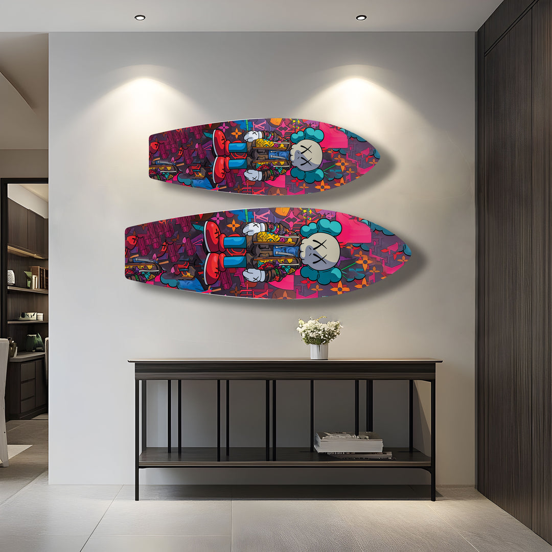 Kaws-Inspired Surfboard Wall Art – Colorful Graffiti & Figurine Design