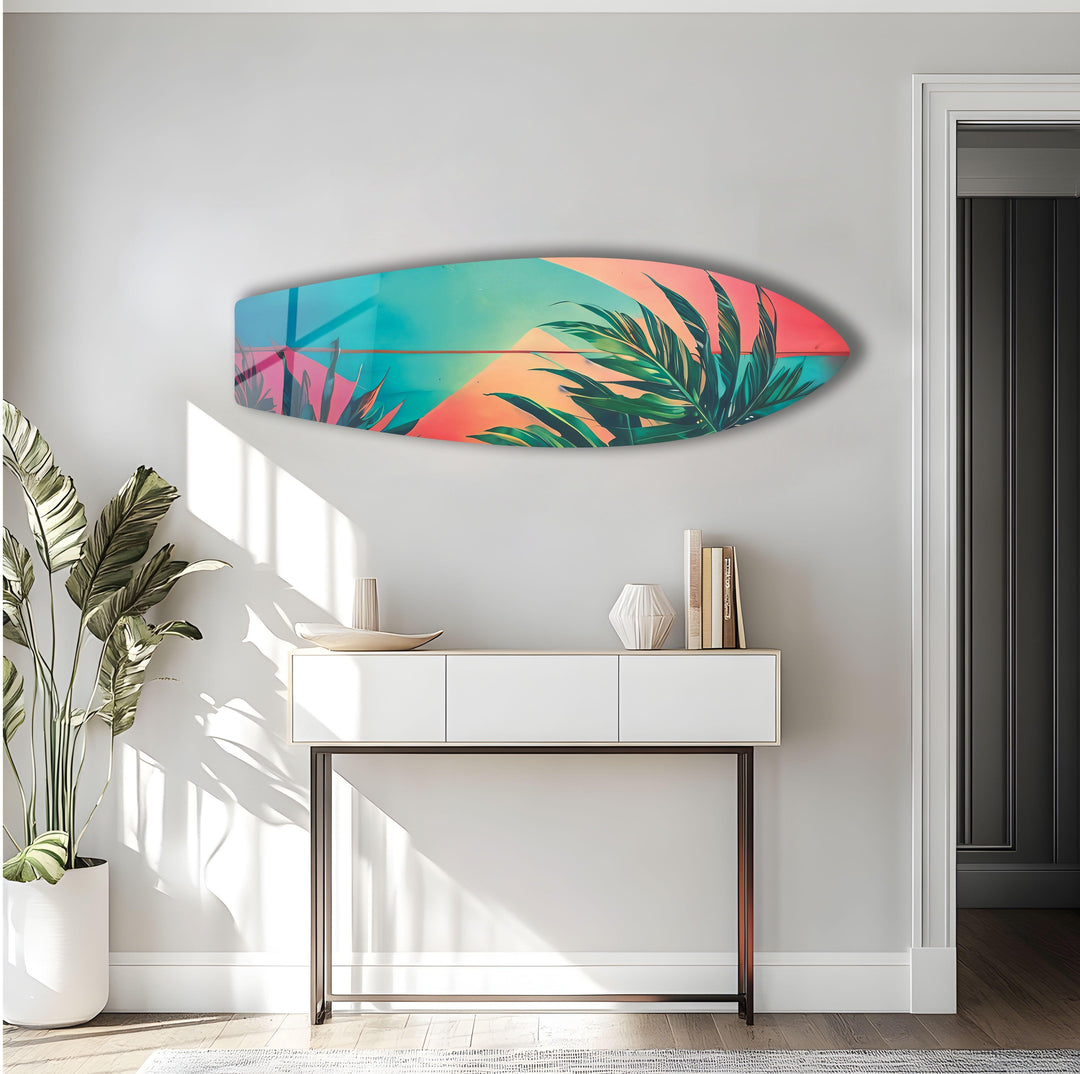 Pink Blue Palm Leaf Surfboard Wall Art