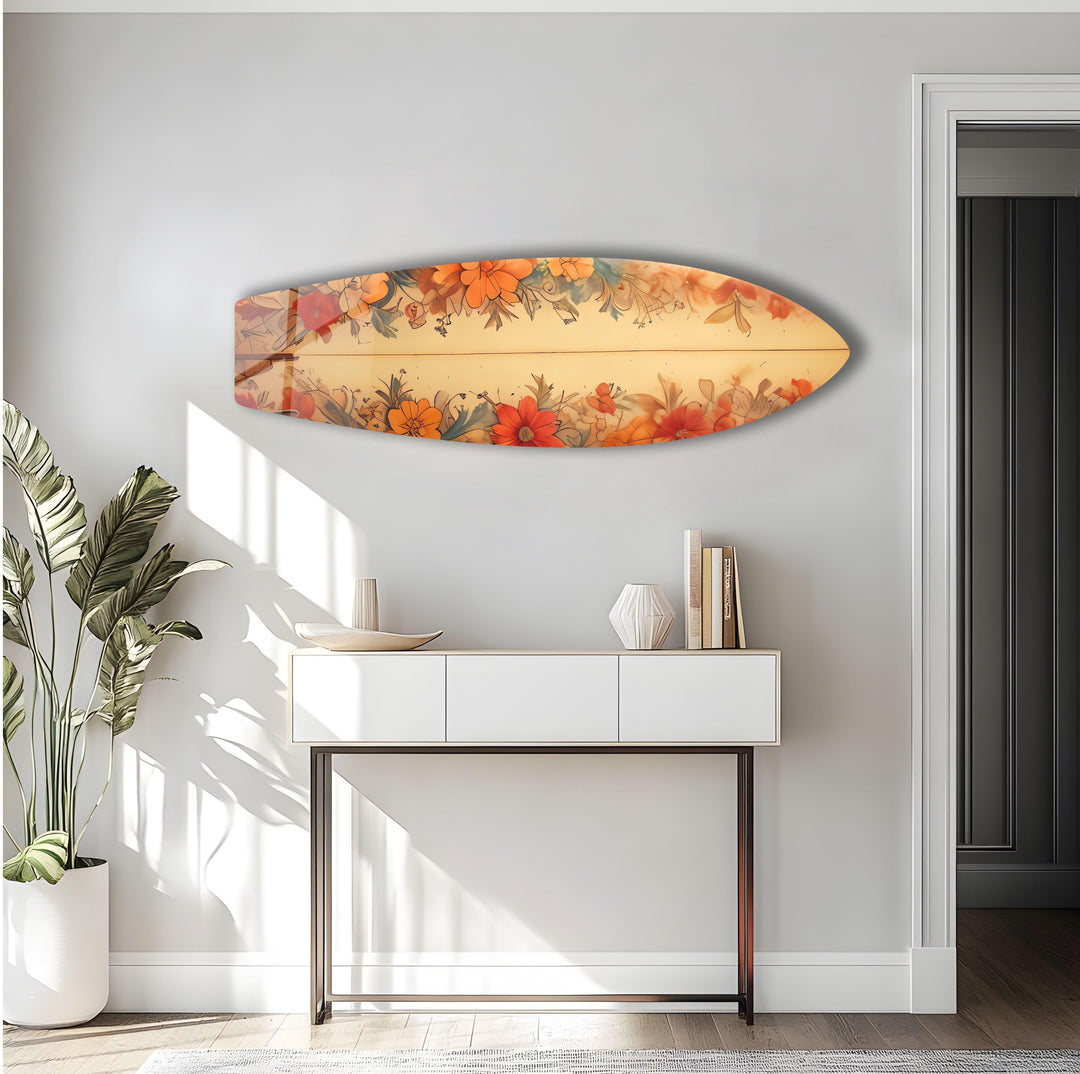 Beige Flowers Surfboard Wall Art