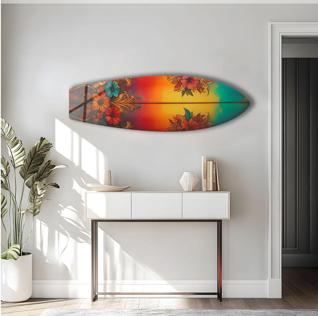 Red Vintage Botanical Surfboard Wall Art