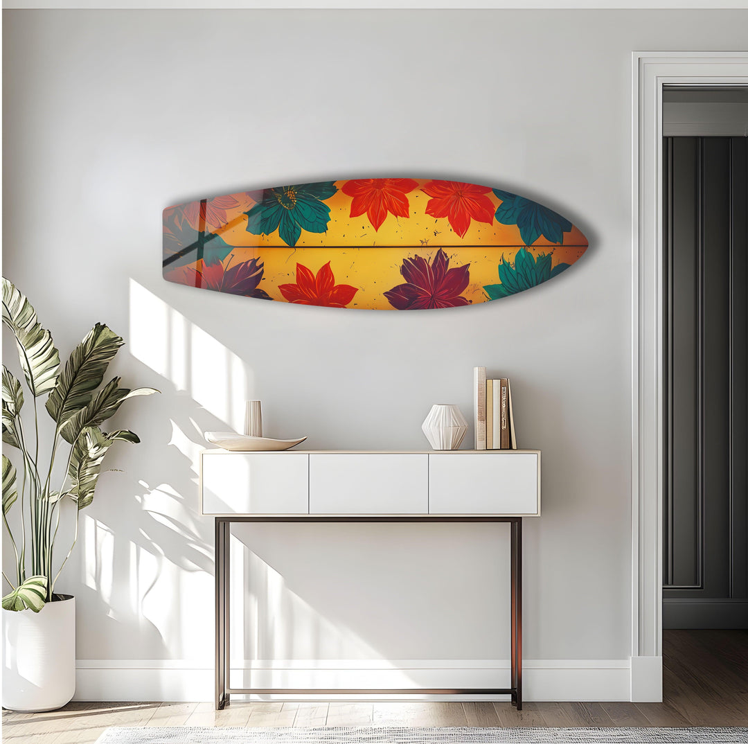 Blue Red Vintage Flower Surfboard Wall Art