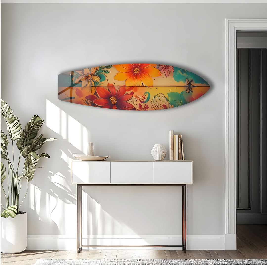 Red & Blue Flowers Surfboard Wall Art